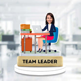 Caricature of a confident female team leader, smiling, standing with hands on hips and wearing business attire, exuding leadership and positivity.